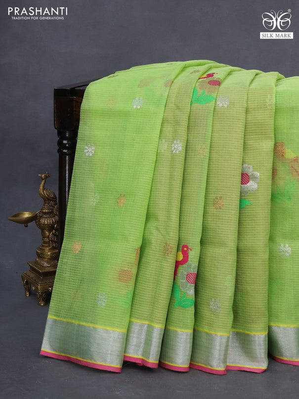 Pure zari kota saree pista green and pink with allover thread & silver zari weaves and silver zari woven border