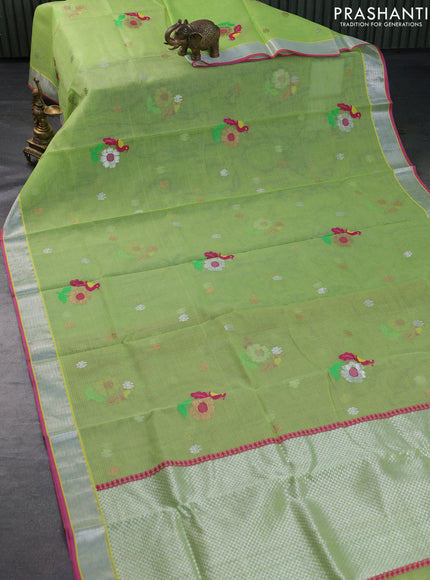 Pure zari kota saree pista green and pink with allover thread & silver zari weaves and silver zari woven border