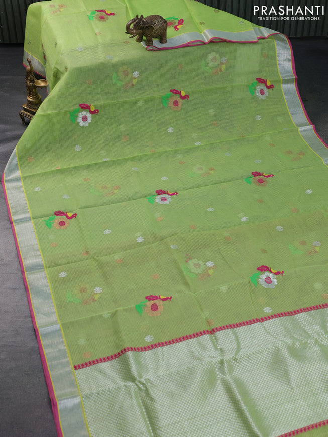 Pure zari kota saree pista green and pink with allover thread & silver zari weaves and silver zari woven border