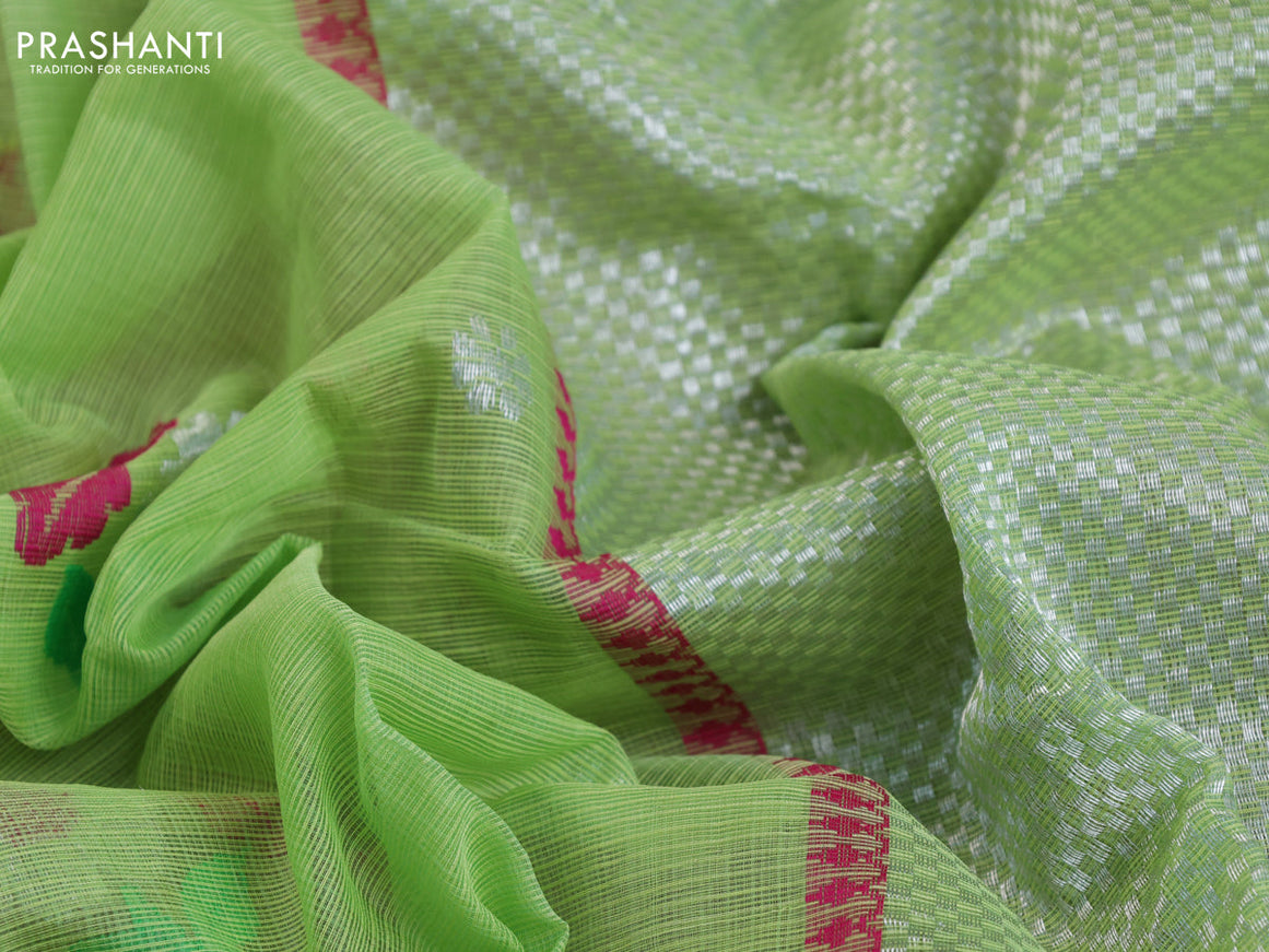 Pure zari kota saree pista green and pink with allover thread & silver zari weaves and silver zari woven border