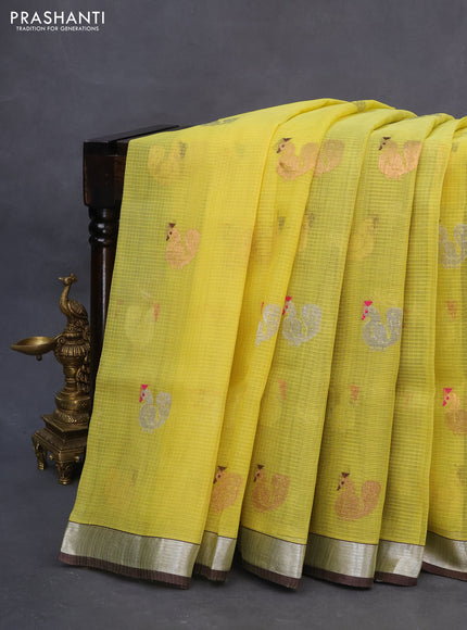 Pure zari kota saree lime yellow and brown with allover thread & silver zari weaves and silver zari woven border