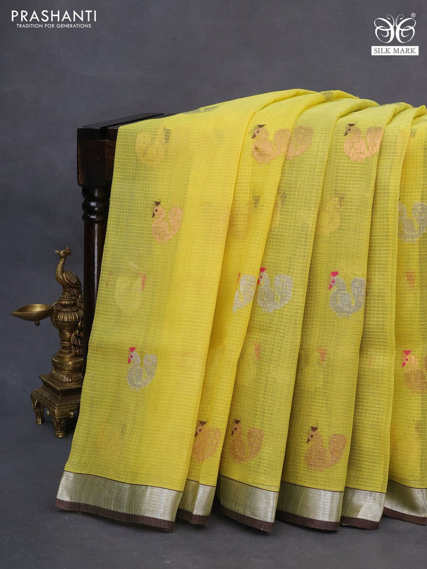 Pure zari kota saree lime yellow and brown with allover thread & silver zari weaves and silver zari woven border