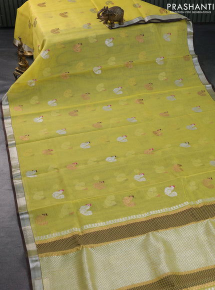 Pure zari kota saree lime yellow and brown with allover thread & silver zari weaves and silver zari woven border