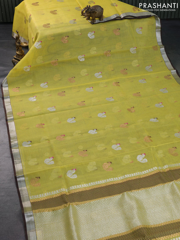 Pure zari kota saree lime yellow and brown with allover thread & silver zari weaves and silver zari woven border