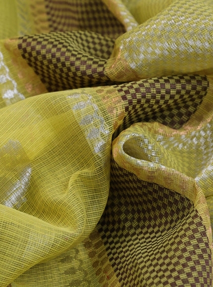 Pure zari kota saree lime yellow and brown with allover thread & silver zari weaves and silver zari woven border