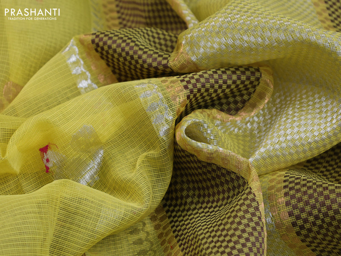 Pure zari kota saree lime yellow and brown with allover thread & silver zari weaves and silver zari woven border