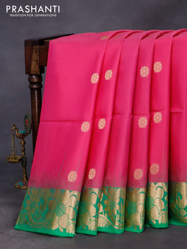 Pure soft silk saree pink and green with floral zari woven buttas and zari woven floral border