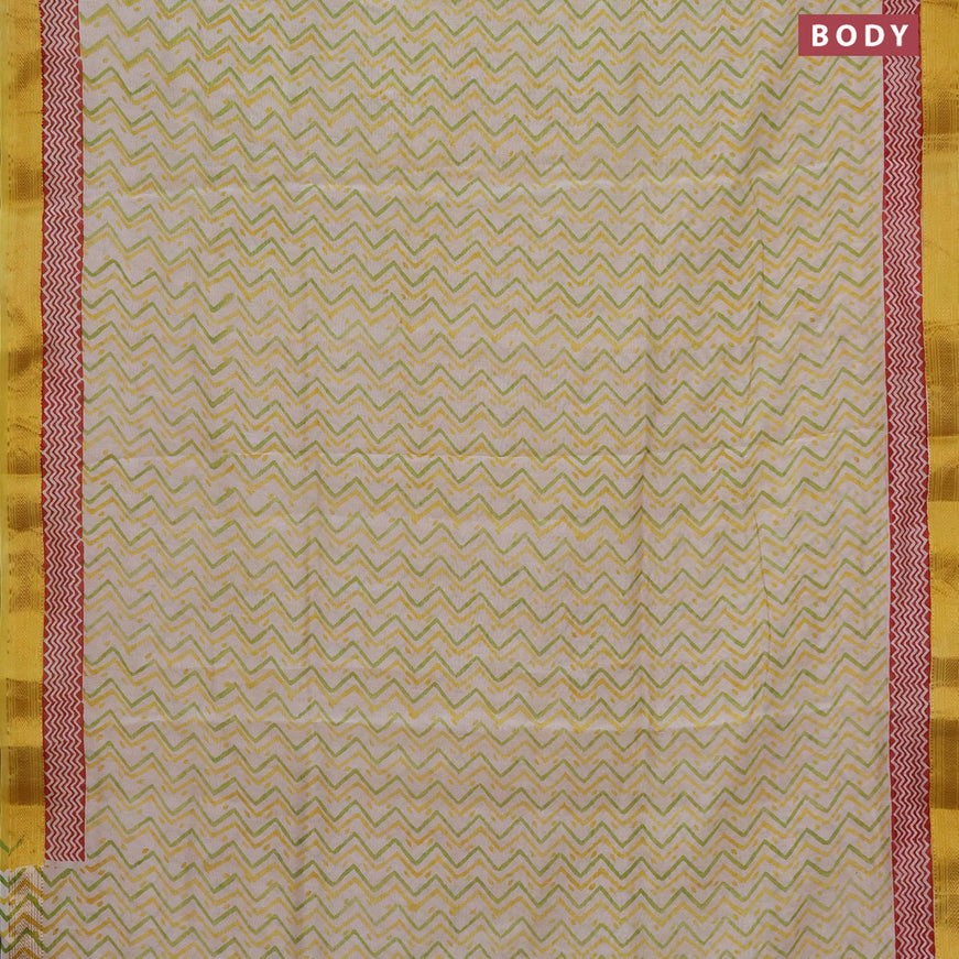 Chanderi bagru saree off white and yellow with allover zig zag prints and zari woven maheswari border