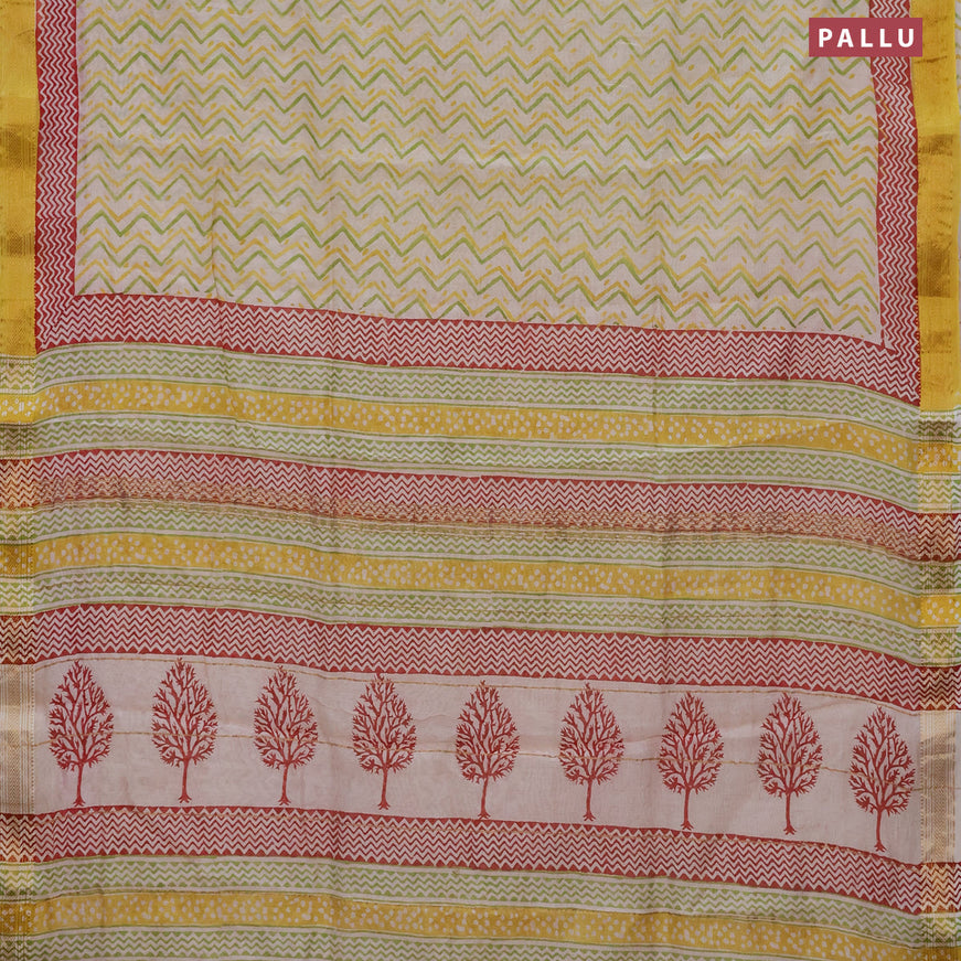 Chanderi bagru saree off white and yellow with allover zig zag prints and zari woven maheswari border