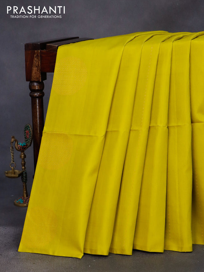 Pure soft silk saree lime yellow and pink with allover zari weaves & buttas in borderless style