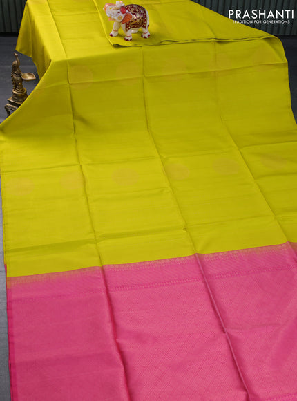 Pure soft silk saree lime yellow and pink with allover zari weaves & buttas in borderless style