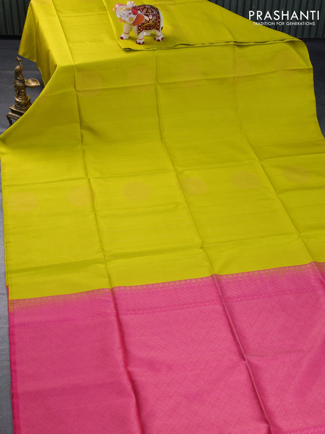 Pure soft silk saree lime yellow and pink with allover zari weaves & buttas in borderless style