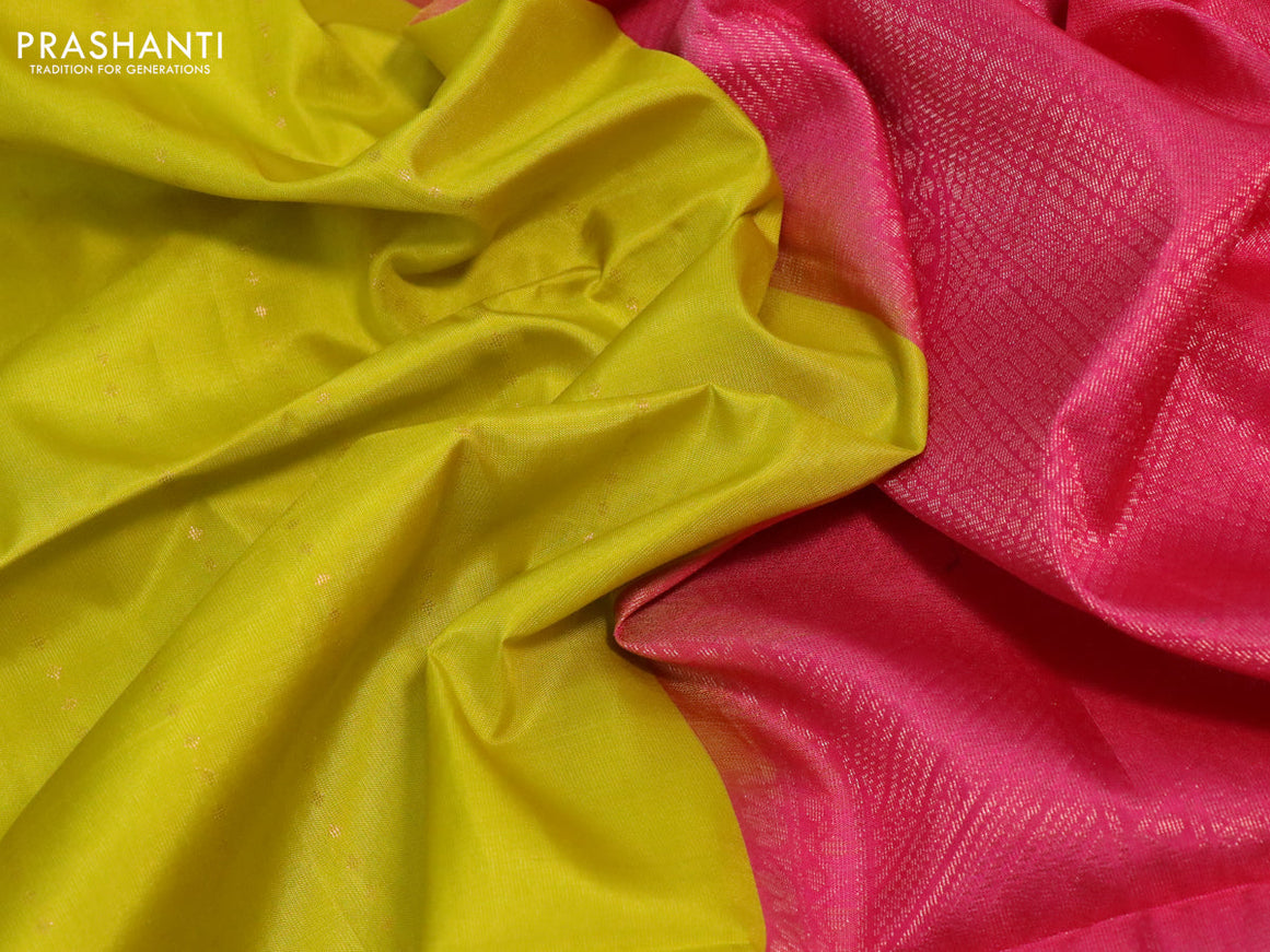 Pure soft silk saree lime yellow and pink with allover zari weaves & buttas in borderless style