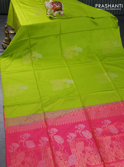 Pure soft silk saree light green and dual shade of pinkish orange with silver & gold zari woven buttas in borderless style