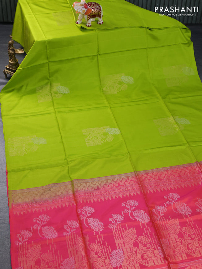 Pure soft silk saree light green and dual shade of pinkish orange with silver & gold zari woven buttas in borderless style