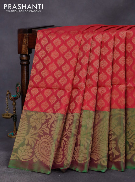 Pure soft silk saree maroon and green with allover zari buttas weaves and long zari woven floral border