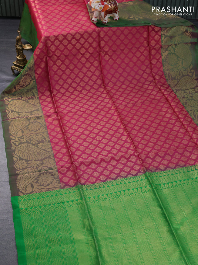 Pure soft silk saree maroon and green with allover zari buttas weaves and long zari woven floral border