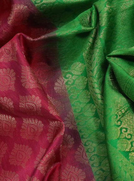 Pure soft silk saree maroon and green with allover zari buttas weaves and long zari woven floral border