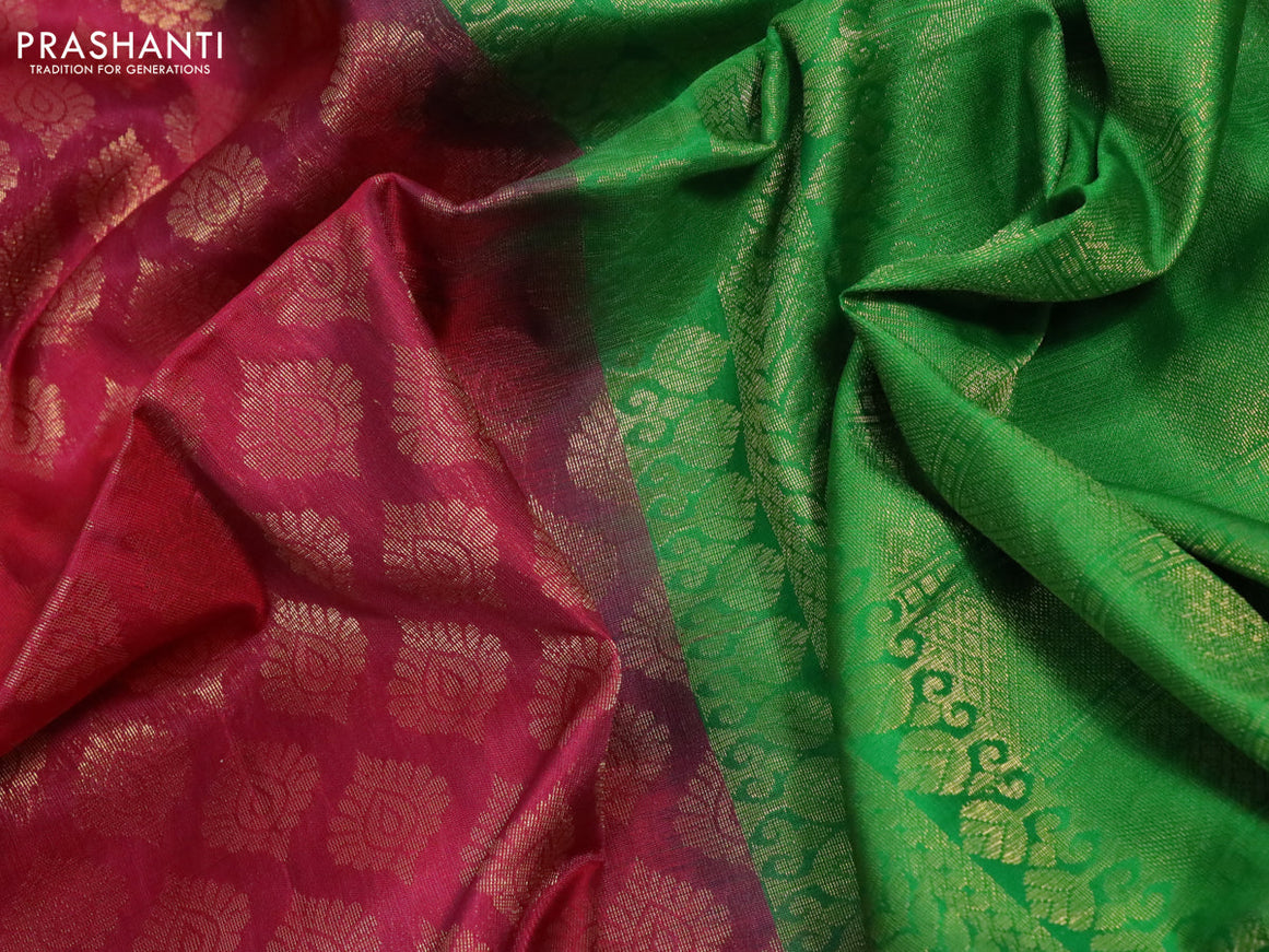 Pure soft silk saree maroon and green with allover zari buttas weaves and long zari woven floral border