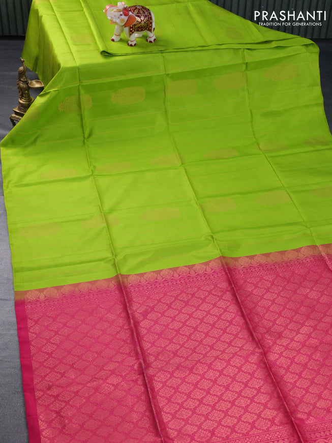 Pure soft silk saree light green and pink with allover zari weaves & buttas in borderless style