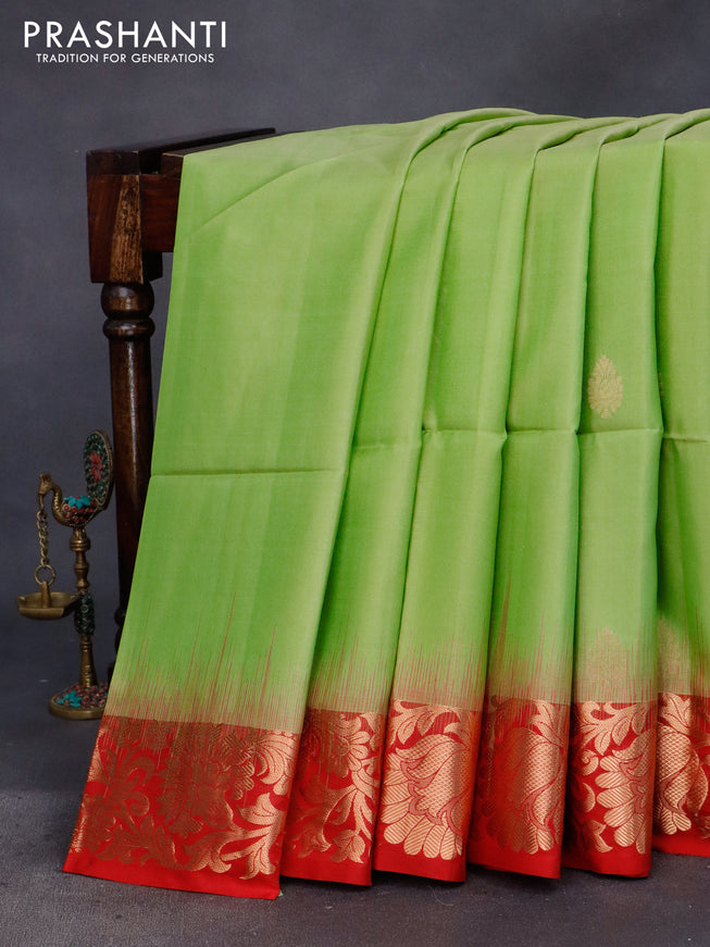 Pure soft silk saree light green and red with zari woven buttas and zari woven floral border