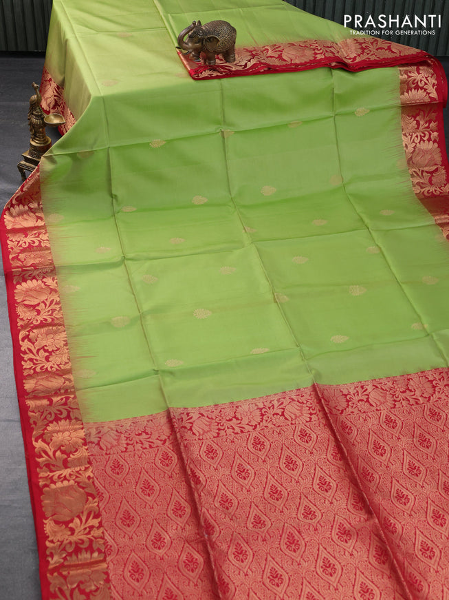 Pure soft silk saree light green and red with zari woven buttas and zari woven floral border