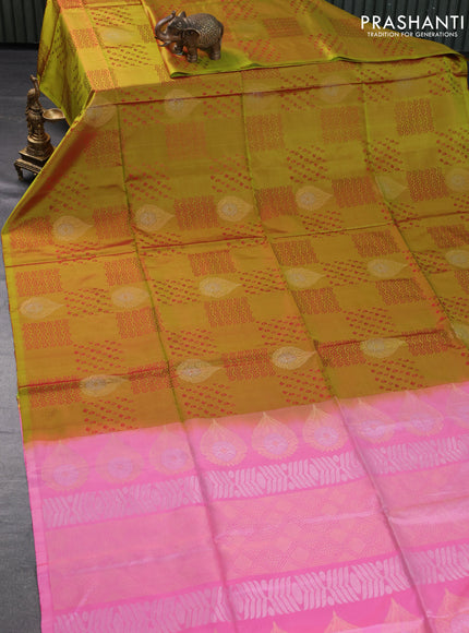 Pure soft silk saree dual shade of mehendi green and light pink with allover thread weaves & zari buttas in borderless style