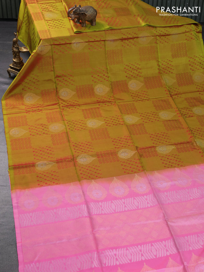 Pure soft silk saree dual shade of mehendi green and light pink with allover thread weaves & zari buttas in borderless style