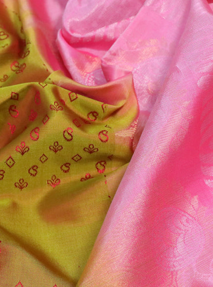 Pure soft silk saree dual shade of mehendi green and light pink with allover thread weaves & zari buttas in borderless style