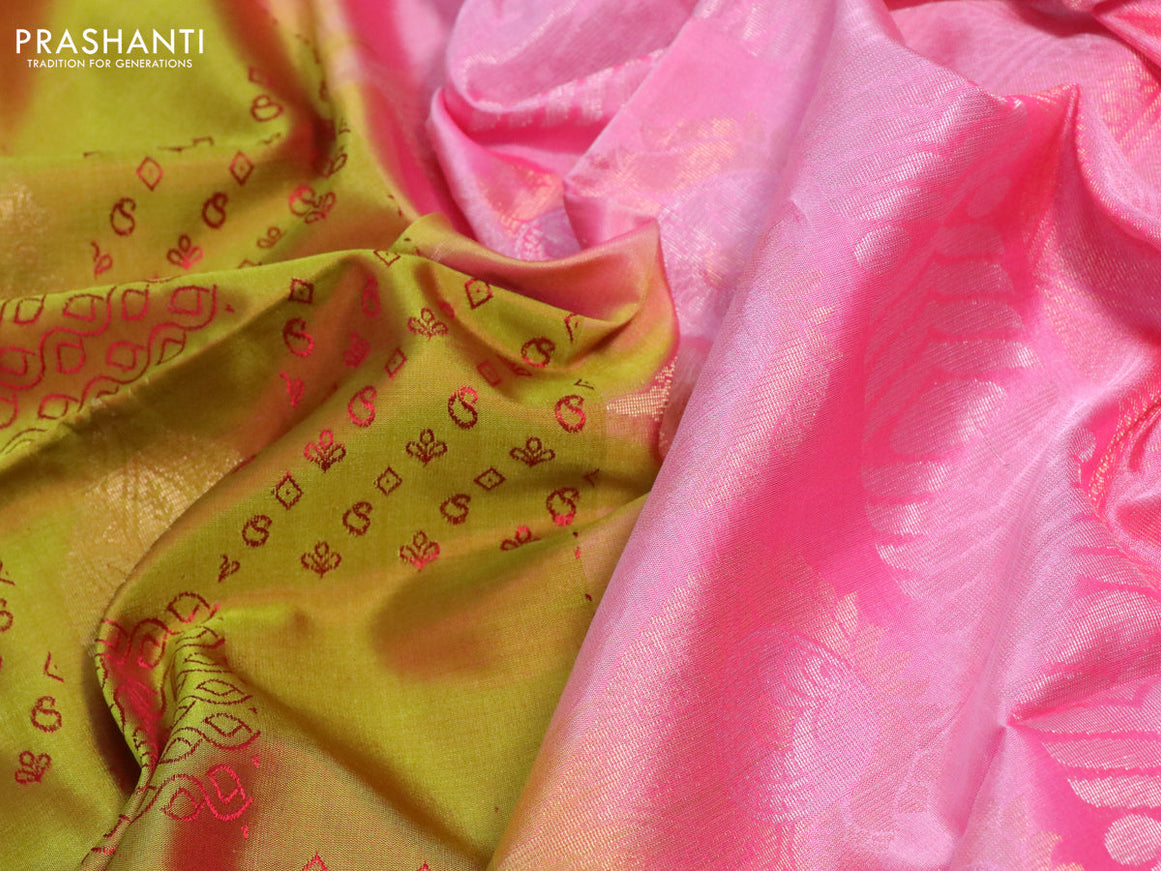 Pure soft silk saree dual shade of mehendi green and light pink with allover thread weaves & zari buttas in borderless style