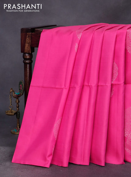 Pure soft silk saree pink and light green with silver zari woven buttas in borderless style