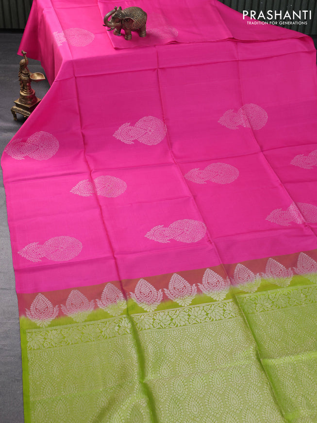 Pure soft silk saree pink and light green with silver zari woven buttas in borderless style