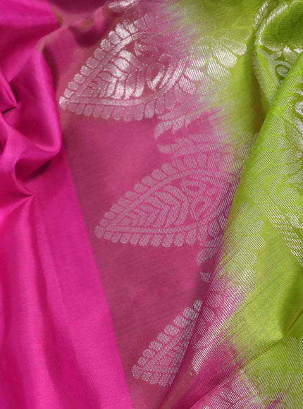 Pure soft silk saree pink and light green with silver zari woven buttas in borderless style