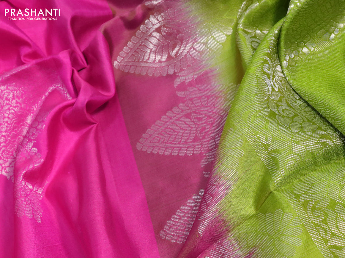 Pure soft silk saree pink and light green with silver zari woven buttas in borderless style