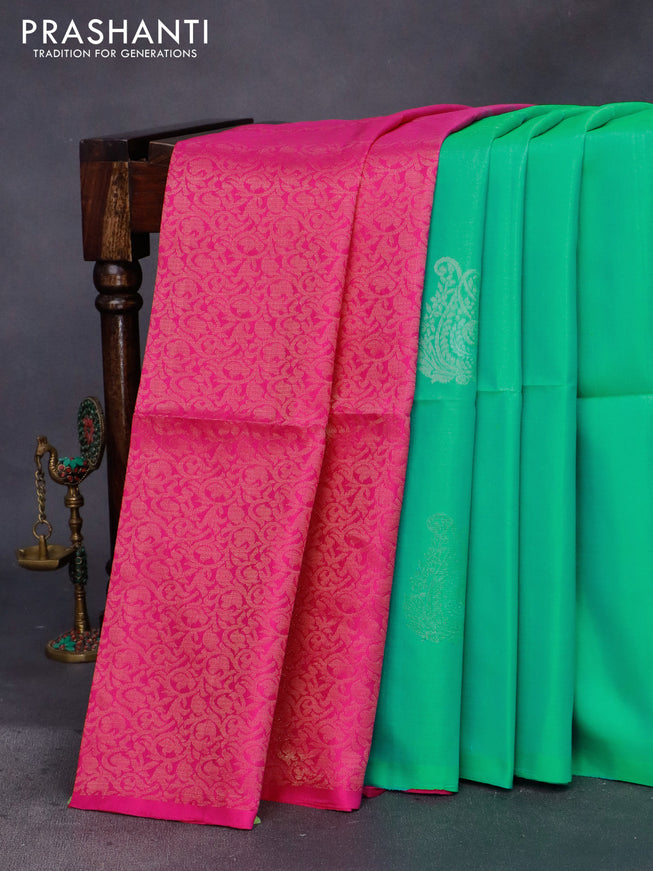 Pure soft silk partly saree dual shade of teal green and pink with silver & gold zari woven buttas in borderless style