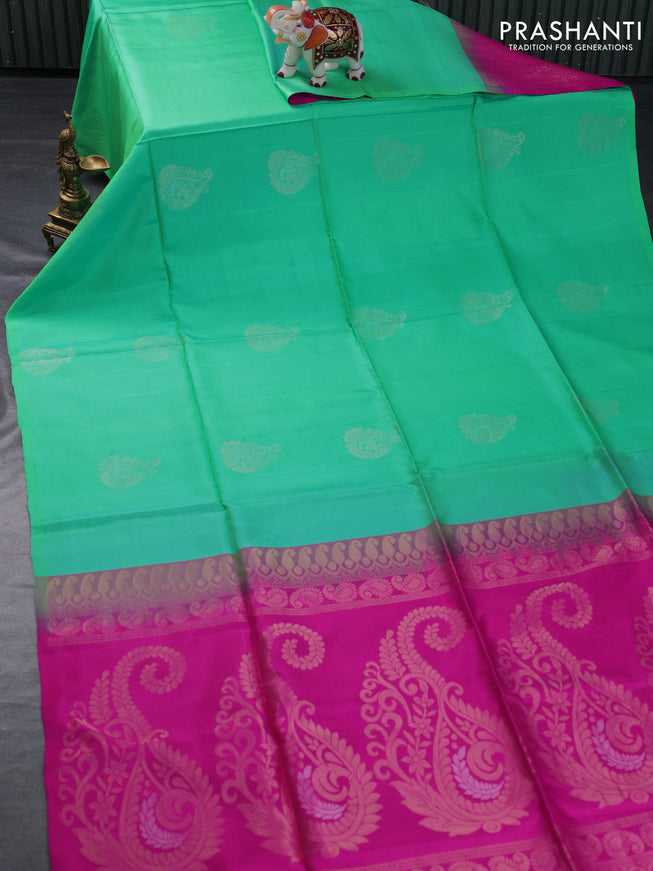 Pure soft silk partly saree dual shade of teal green and pink with silver & gold zari woven buttas in borderless style