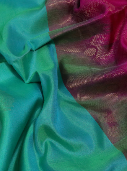 Pure soft silk partly saree dual shade of teal green and pink with silver & gold zari woven buttas in borderless style