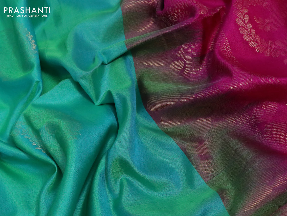 Pure soft silk partly saree dual shade of teal green and pink with silver & gold zari woven buttas in borderless style