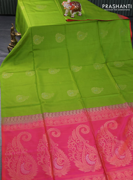 Pure soft silk partly saree light green and dual shade of pinkish orange with silver & gold zari woven buttas in borderless style