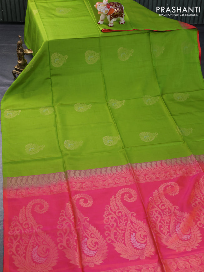 Pure soft silk partly saree light green and dual shade of pinkish orange with silver & gold zari woven buttas in borderless style