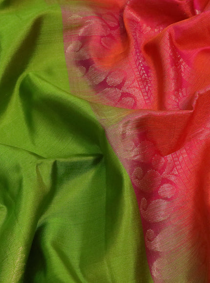 Pure soft silk partly saree light green and dual shade of pinkish orange with silver & gold zari woven buttas in borderless style