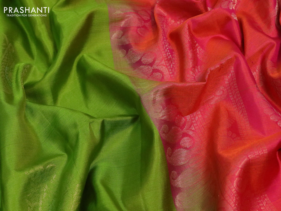 Pure soft silk partly saree light green and dual shade of pinkish orange with silver & gold zari woven buttas in borderless style