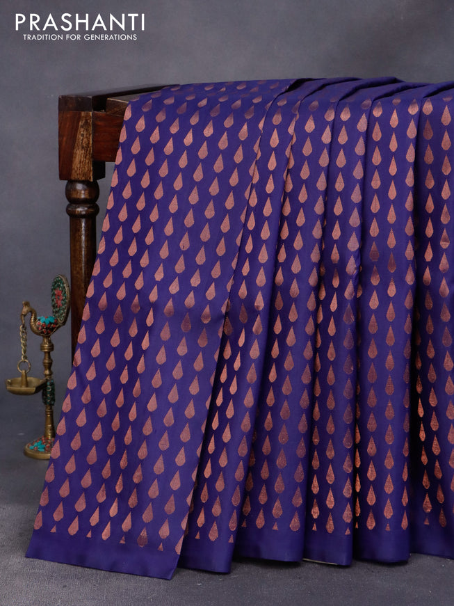 Pure soft silk saree dark blue and grey shade with allover copper zari woven tilak buttas in borderless style