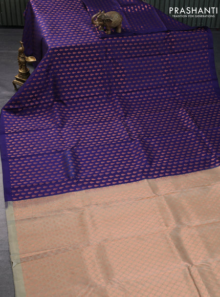 Pure soft silk saree dark blue and grey shade with allover copper zari woven tilak buttas in borderless style