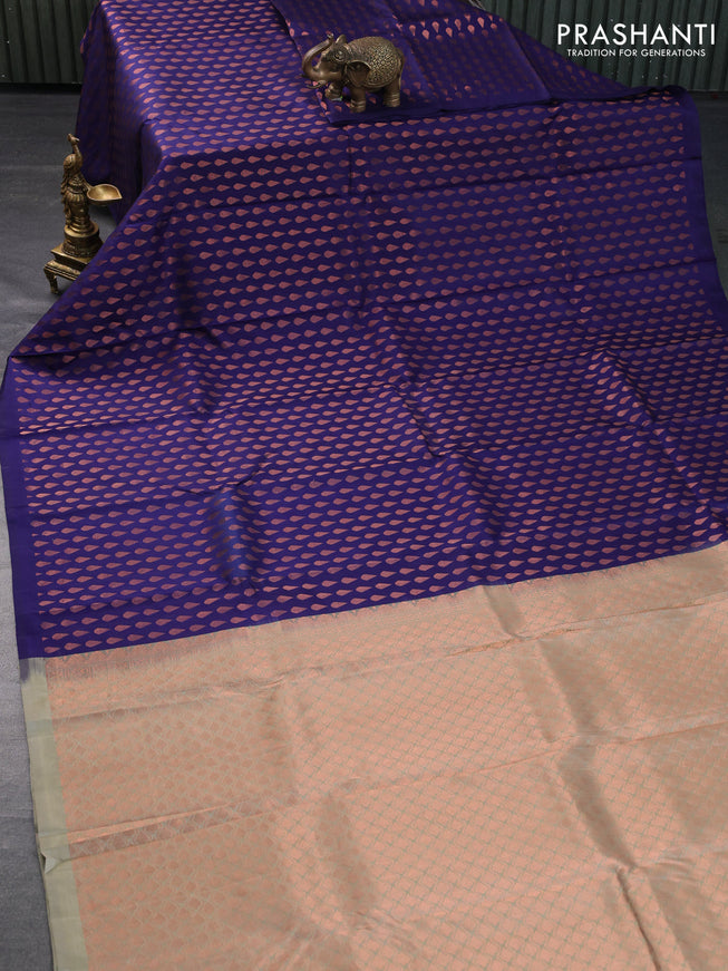 Pure soft silk saree dark blue and grey shade with allover copper zari woven tilak buttas in borderless style