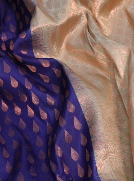 Pure soft silk saree dark blue and grey shade with allover copper zari woven tilak buttas in borderless style