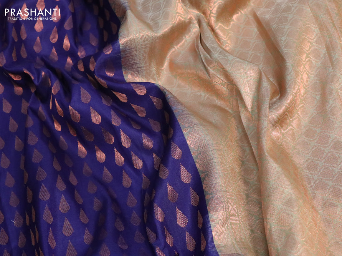 Pure soft silk saree dark blue and grey shade with allover copper zari woven tilak buttas in borderless style