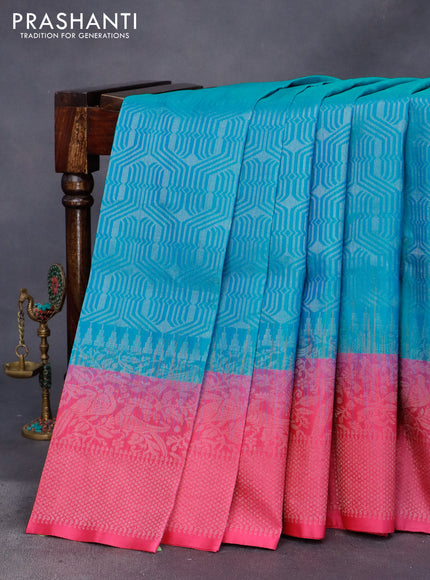 Pure soft silk saree dual shade of cs blue and pink with allover silver zari woven brocade weaves and silver zari woven border