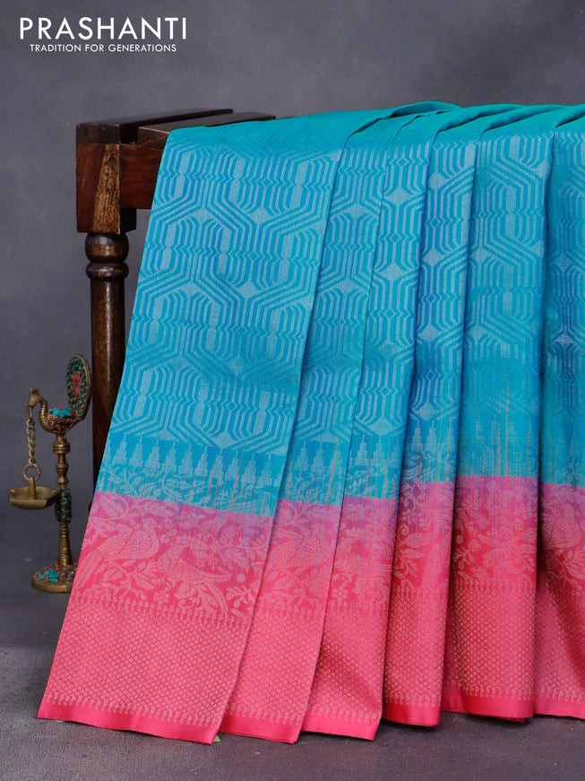 Pure soft silk saree dual shade of cs blue and pink with allover silver zari woven brocade weaves and silver zari woven border