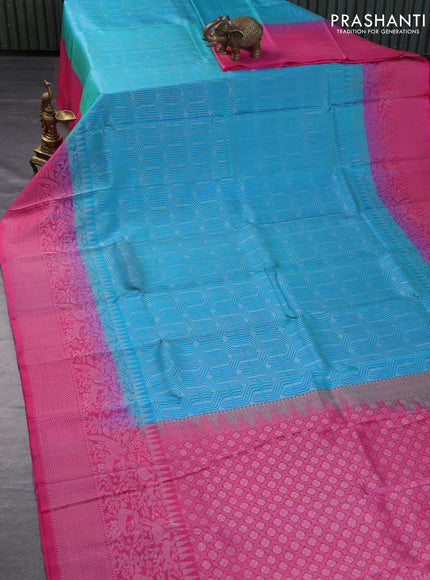 Pure soft silk saree dual shade of cs blue and pink with allover silver zari woven brocade weaves and silver zari woven border